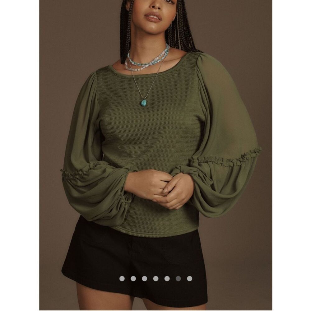 Anthropologie Olive Green Balloon-Sleeve Smocked Top - Picture 6 of 7
